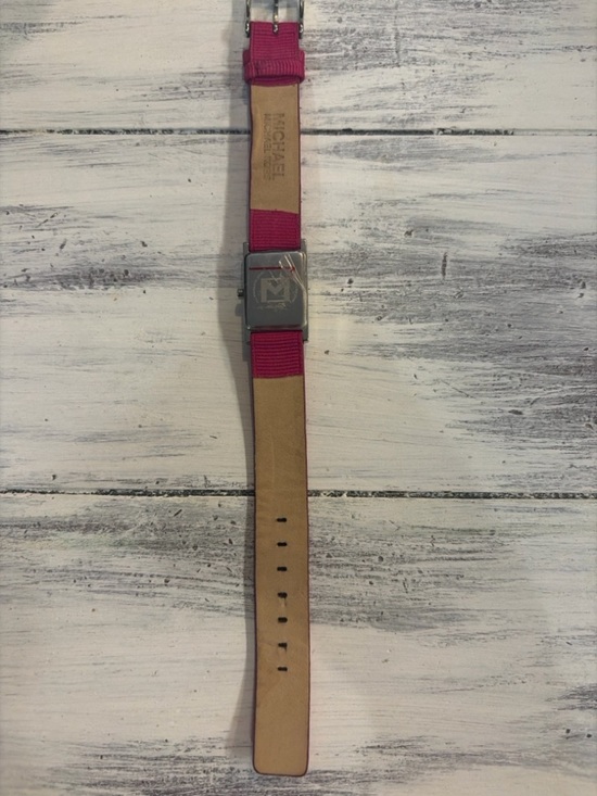 Michael Kors Rectangular Watch Pink Dial Silver Tone Case Pink Strap Watch